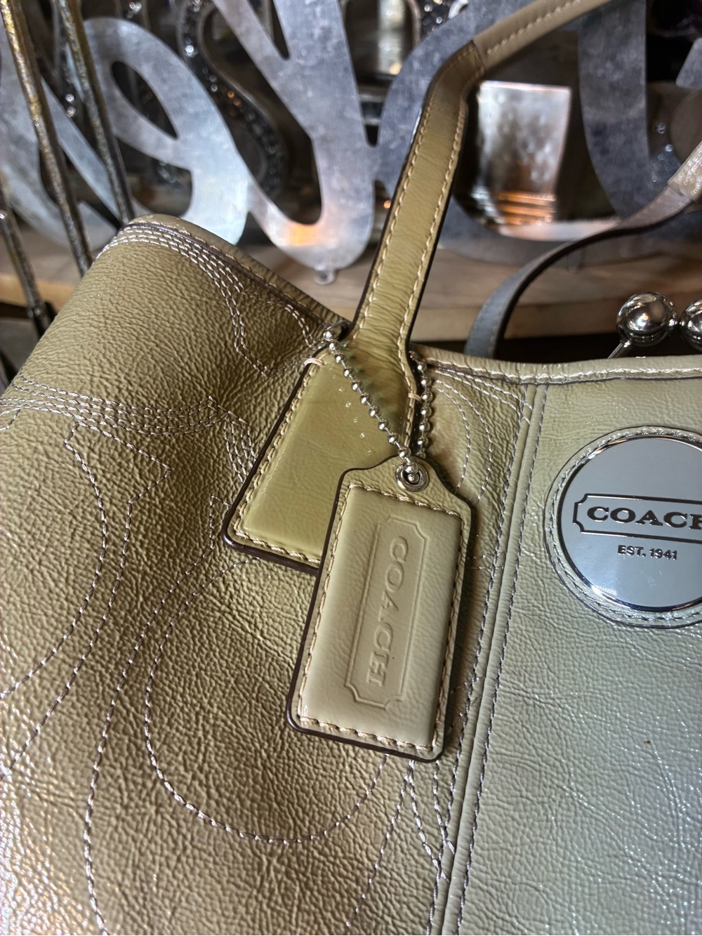 Coach Kiss-lock Patent Leather Tote, khaki Green - Picture 6 of 16
